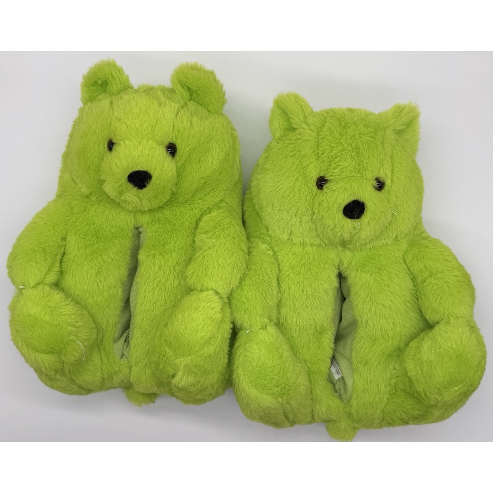 Neon Green Teddy Bear Plush Slippers Adult Size 260mm US Women's 9-10 Cozy